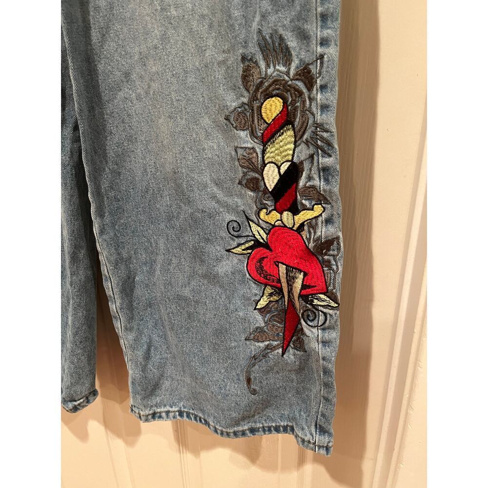Ed Hardy Baggy Loose Fit Retro Light Jeans Dagger Hearts Embroidered Spellout 32 - Picture 5 of 13